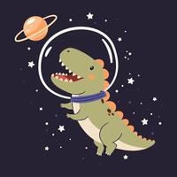 Cute kind dinosaur flying in a spacesuit in space, flat illustration in simple child style, dark background vector