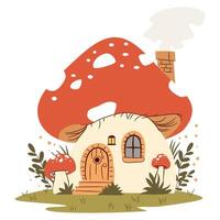 Flat illustration in a simple children's style. Cute little elf house made of big fly mushroom vector
