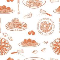 Different Italian pasta seamless pattern. Hand drawn food sketch style design for textile, menu, wrapping paper vector
