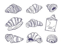 Set of hand drawn sketch style croissant. Design for bakery, menu, card, poster, packaging vector