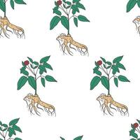 Ginseng root with steam and leaves seamless pattern. Chinese medicinal plant design for textile, fabric, wrapping paper vector