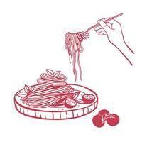 Set Italian pasta on fork and plate. Spaghetti with tomatoes and basil. Hand drawn illustration isolated on white background vector