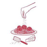 Hand drawn pasta with meat balls on a plate with parmesan cheese. Italian cuisine illustration in sketch style vector
