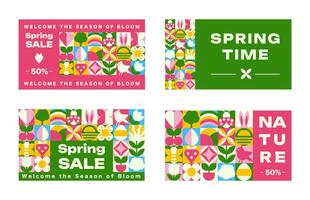 The set of cards template with Spring patterns and icons, Bauhaus Geometric style vector