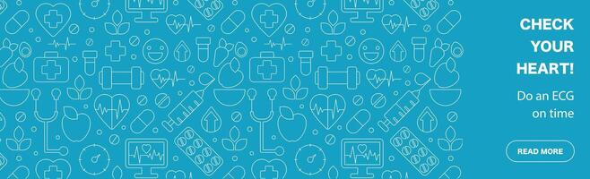Medical banner with Line Art Pattern. White Lines on Blue with Symbols of Health vector
