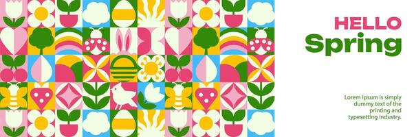 The banner template with Seamless Spring Pattern, Bauhaus Geometric Icons and Nature Symbols vector
