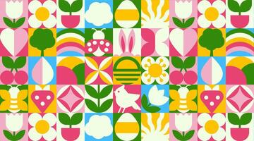 Seamless Spring Pattern Background, Bauhaus Geometric Icons and Nature Symbols vector