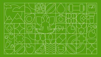 Nature Line Art Pattern, modern mosaic. White Lines with Symbols of Health and Active lifestyle vector