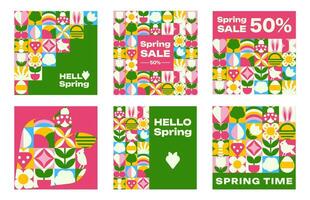 The set of social media template with Spring patterns and icons, Bauhaus Geometric style vector