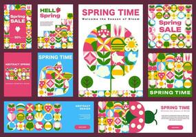The Big set of posters, banners, cards template with Spring patterns in Bauhaus Geometric style vector