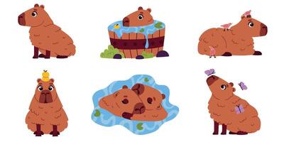 Set of cute cartoon capybara character in various poses relaxing, bathing in wooden tub, sleeping with birds, playing with butterflies. Funny childish animal. Wild nature water rat pig vector
