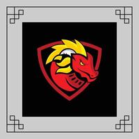 Red and yellow monster Dragon head with glowing eyes and fire emanating from the sides, on a dark background with geometric borders vector