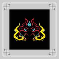 Red and yellow monster Dragon head with glowing eyes and fire emanating from the sides, on a dark background with geometric borders vector