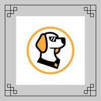 A black and white dog head silhouette inside a circular orange frame, with a decorative border around the image vector