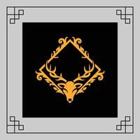 Gold wreath with deer head design and ornate leaves on a black background, framed by a simple gray border vector