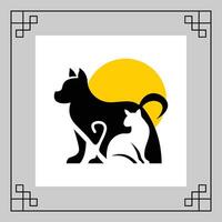 A black cat and dog sit next to a yellow sun on a gray background with a simple geometric border vector