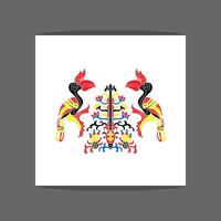Two colorful hornbills with intricate patterns, perched on a floral or symmetrical Dayak batik design on a plain white background vector