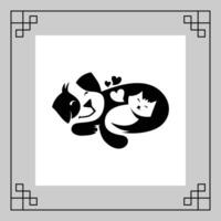 black cat and dog cuddling together in a white frame with decorative border vector