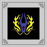 Purple and yellow monster Dragon head with glowing eyes and fire emanating from the sides, on a dark background with geometric borders vector