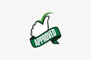 Thumb logo design, check icon symbol with ribbon that says approved vector