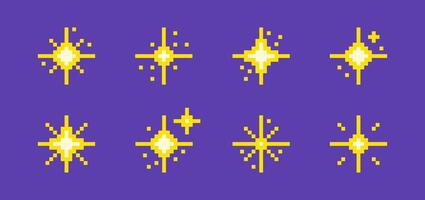 Set of different pixel art sparkling stars. Sparkles, flashes symbols for games, websites or apps. illustration vector