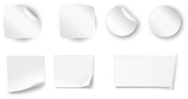Paper stickers, circle and square with rounded edges, adhesive. White tags, paper round stickers with vector