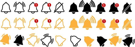Notification bell icon set, alert icons for incoming inbox messages, ringing bell, and notification number signs. vector