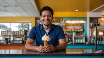 A man smiles while holding an ice cream cone photo