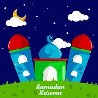 flat illustration with a background of a mosque building and a green field, a night sky decorated with stars and the moon vector