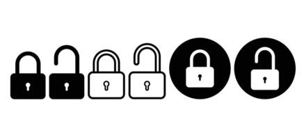 Lock icon set collection. Lock and unlock icon privacy symbol set in black and white color in simple style. Locked and unlocked black Flat security symbol icon collection set. Locker, password icon. vector