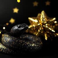 New Year 2025 with snake, confetti and gold coins. Snakes New Year's poster banner on black background. photo