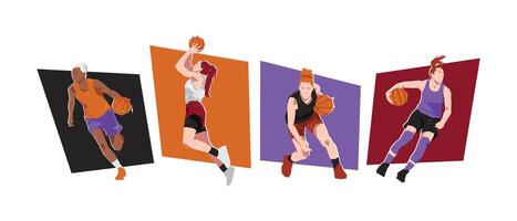 Set of female basketball players with different poses, gestures. Isolated on white background. Flat character illustration. vector