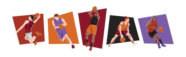 Set of male basketball players with different poses, gestures. Isolated on white background. Flat character illustration. vector
