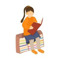 Little girl sitting on a bookshelf reading a book, educational or hobby concept. vector