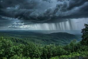 A storm is seen over the mountains in this photo