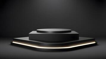 Black podium with light on top, 3d render photo