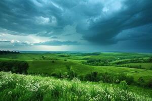 A green field with a stormy sky and green grass photo