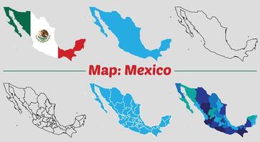 Mexico country map set. internal provinces borders marked, Simple map of Mexico drawing, Filled and outline. vector