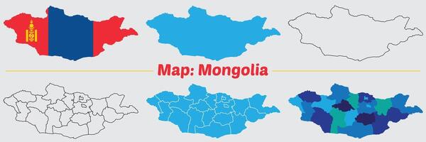 Mongolia country map set. internal provinces borders marked, Simple map of Mongolia drawing, Filled and outline. vector