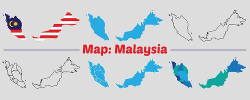 Malaysia country map set. internal provinces borders marked, Simple map of Malaysia drawing, Filled and outline. vector