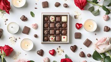 romantic flat lay of chocolate box surrounded by roses and candles, creating warm atmosphere photo