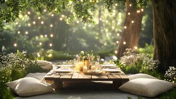 romantic picnic dinner setup with low table, candles, and flowers. serene outdoor setting is illuminated by string lights photo