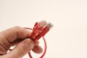 Red internet cable in hand. The RJ-45 connector. photo