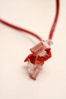 Red internet cable on a white background. The RJ-45 connector. photo