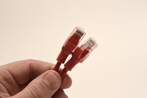 Red internet cable in hand. The RJ-45 connector. photo