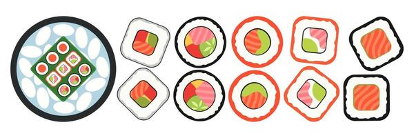 Illustrations of Various Sushi Types and Platters Set. vector