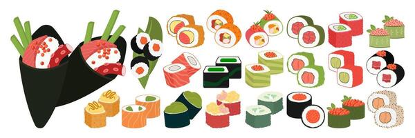 Illustrations of Various Sushi Types and Platters Set. vector