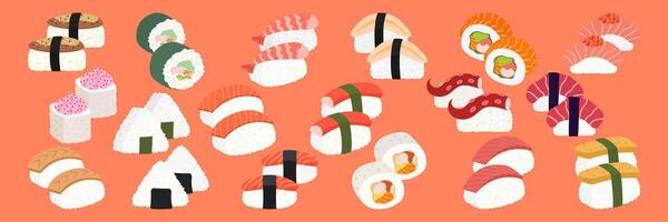 Illustrations of Various Sushi Types and Platters Set. vector
