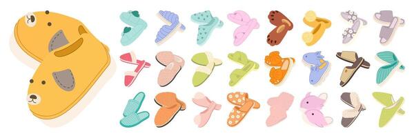 A collection of colorful and cozy slippers in various styles. Flat Illustration Set. vector
