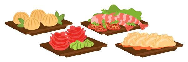 Illustrations of Various Sushi Types and Platters Set. vector